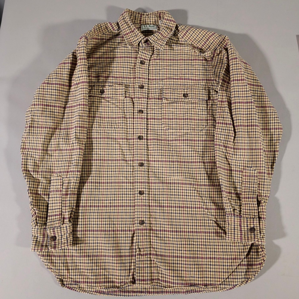 L.L. Bean Chamois Cloth Shirt Mens Large Tall‎ Tan Plaid Button Down Cotton